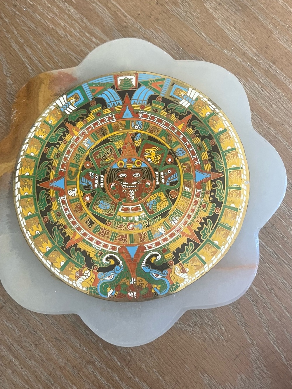 Hand-Painted Aztec Calendar Wall Art in Gold & Green